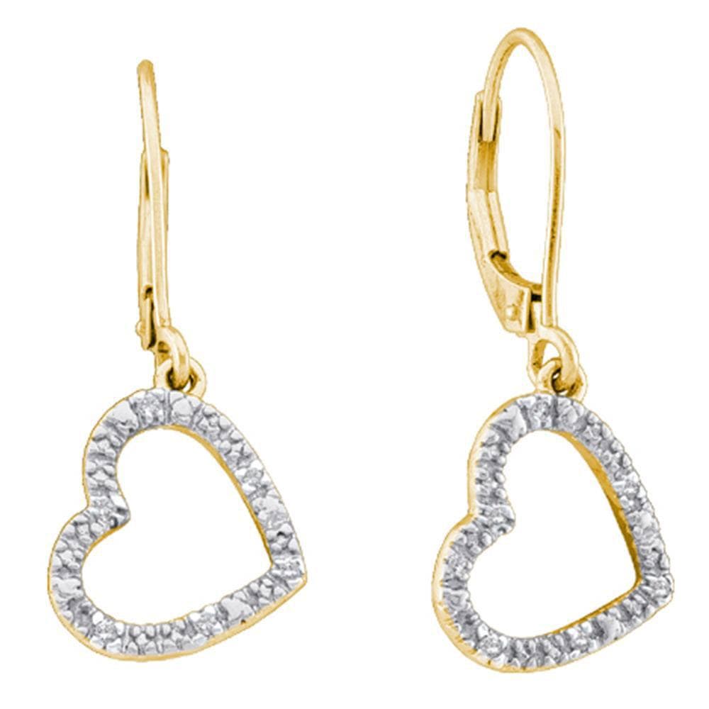 10kt Yellow Gold Womens Round Diamond Heart Dangle Earrings 1/20 Cttw
