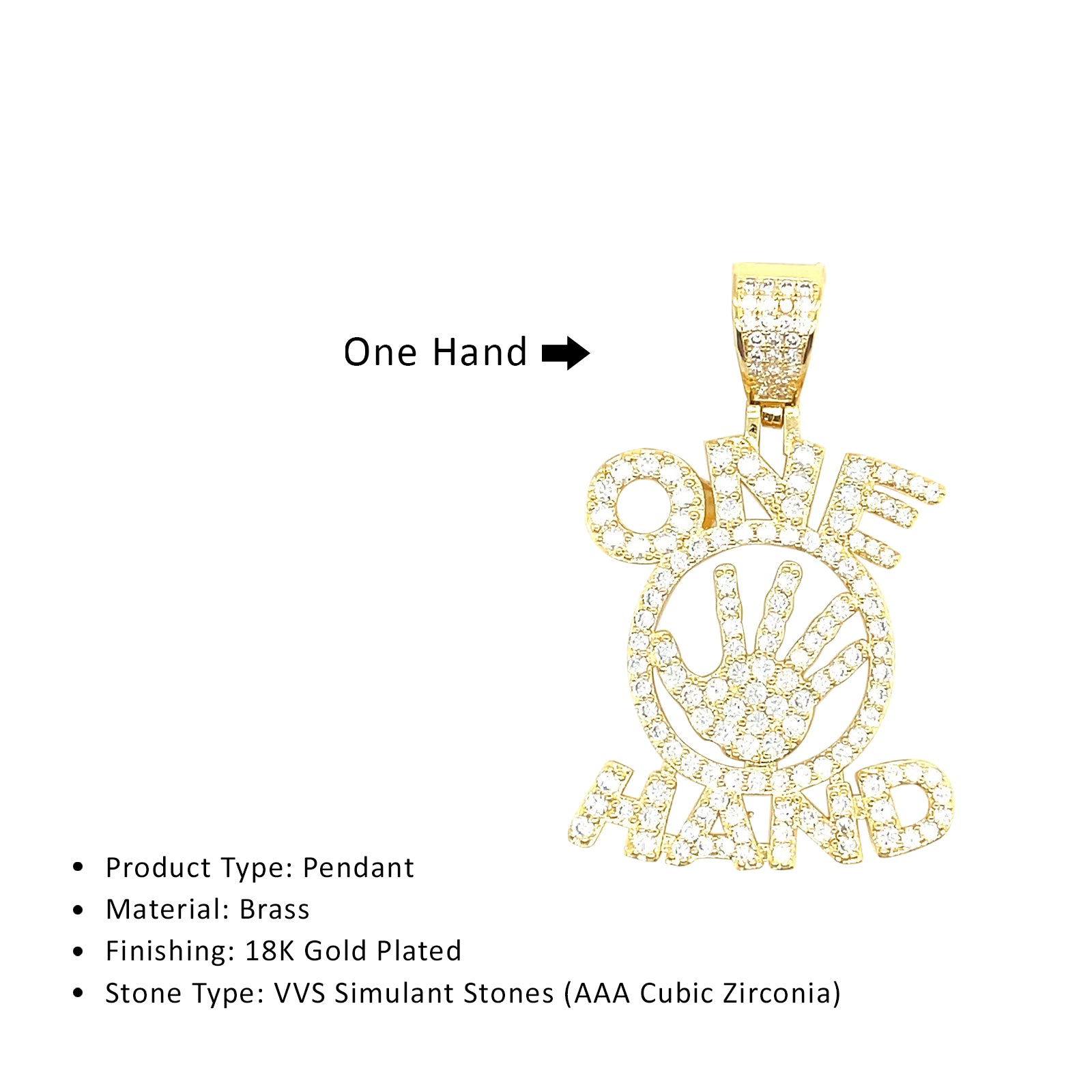 18K Gold Plated Hip Hop One Hand Brass Pendant