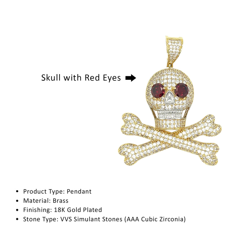 18K Gold Plated Hip Hop Skull Red Eyes Brass Pendant