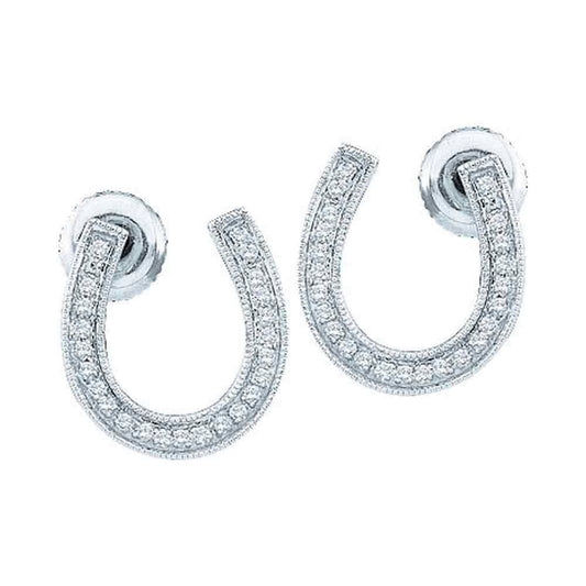 10k White Gold Diamond Womens Horseshoe Lucky Screwback Stud Earrings 1/6 Cttw