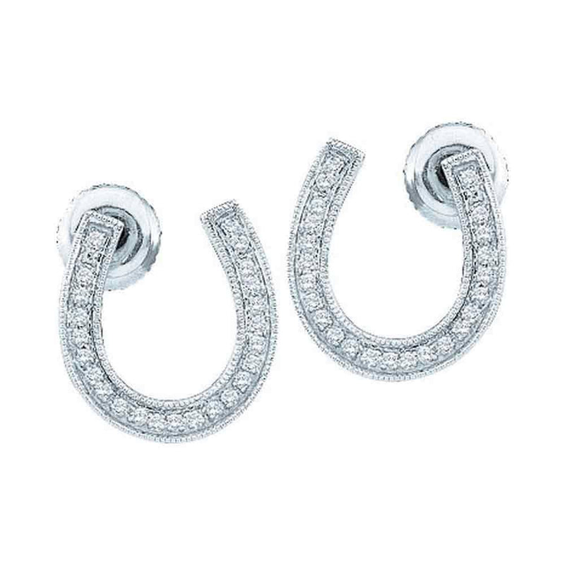 10k White Gold Diamond Womens Horseshoe Lucky Screwback Stud Earrings 1/6 Cttw
