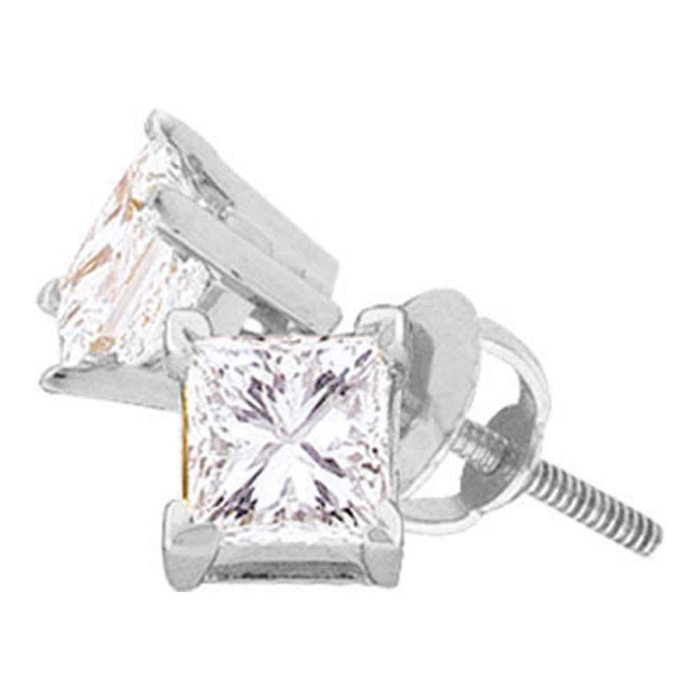 14kt White Gold Unisex Princess Diamond Solitaire Stud Earrings 1/3 Cttw