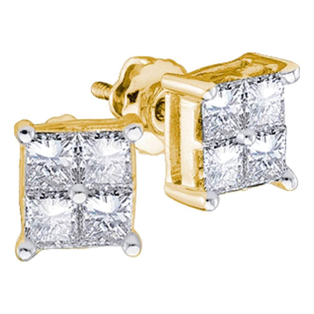 14kt Yellow Gold Womens Princess Diamond Square Cluster Stud Earrings 1/4 Cttw