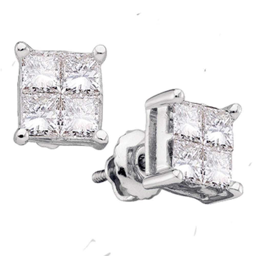 14kt White Gold Womens Princess Diamond Square Cluster Stud Earrings 1/4 Cttw