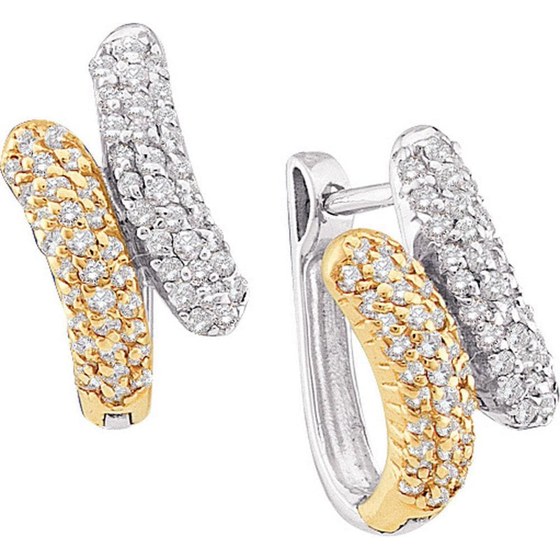 14kt Yellow Gold Womens Round Diamond Two-tone Bypass Huggie Hoop Earrings 1/2 Cttw