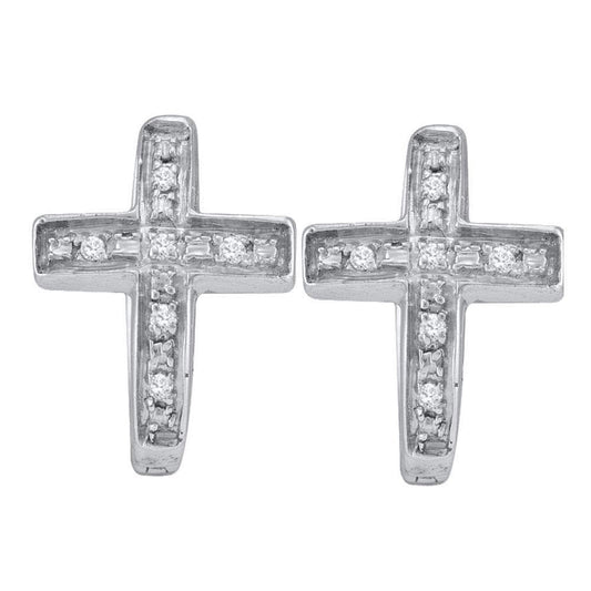 Sterling Silver Womens Round Diamond Cross Faith Huggie Hoop Earrings 1/20 Cttw