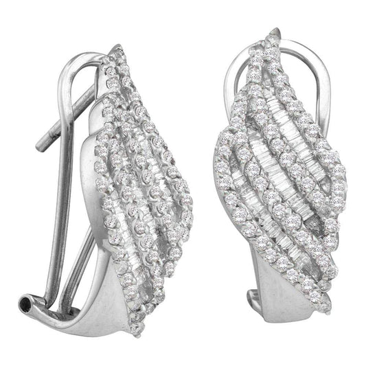 14kt White Gold Womens Round Baguette Diamond Half J Hoop French-clip Earrings 1-1/3 Cttw