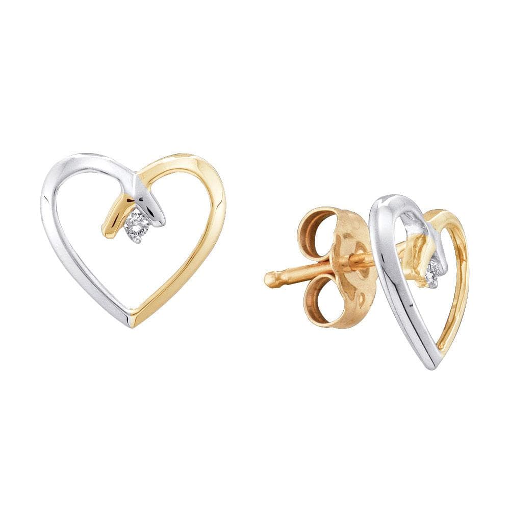 10kt Yellow Gold 2-tone Womens Round Diamond Heart Stud Earrings .02 Cttw