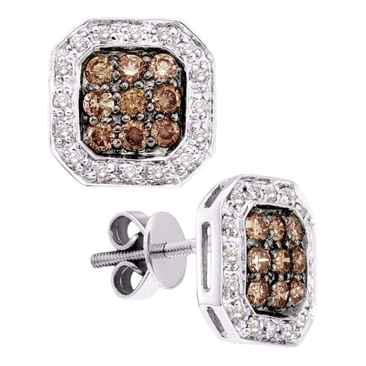 14kt White Gold Womens Round Cognac-brown Color Enhanced Diamond Square Cluster Stud Earrings 3/4 Cttw