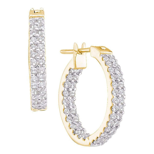 14kt Yellow Gold Womens Round Diamond Inside Outside Double Row Hoop Earrings 1.00 Cttw