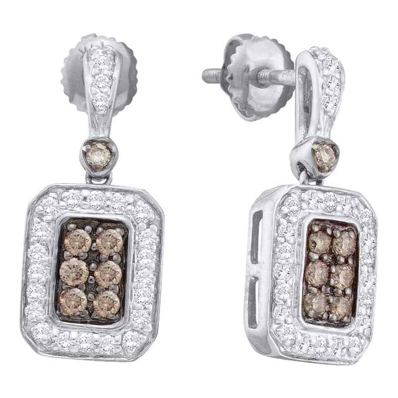 14kt White Gold Womens Round Cognac-brown Color Enhanced Diamond Rectangle Dangle Earrings 1/2 Cttw