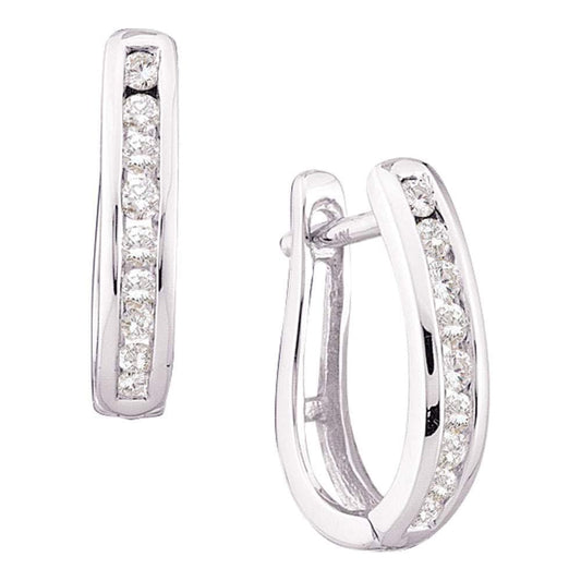 14kt White Gold Womens Round Diamond Single Row Oblong Hoop Earrings 1/4 Cttw