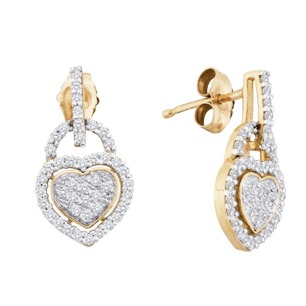 10kt Yellow Gold Womens Round Diamond Heart Dangle Earrings 1/3 Cttw