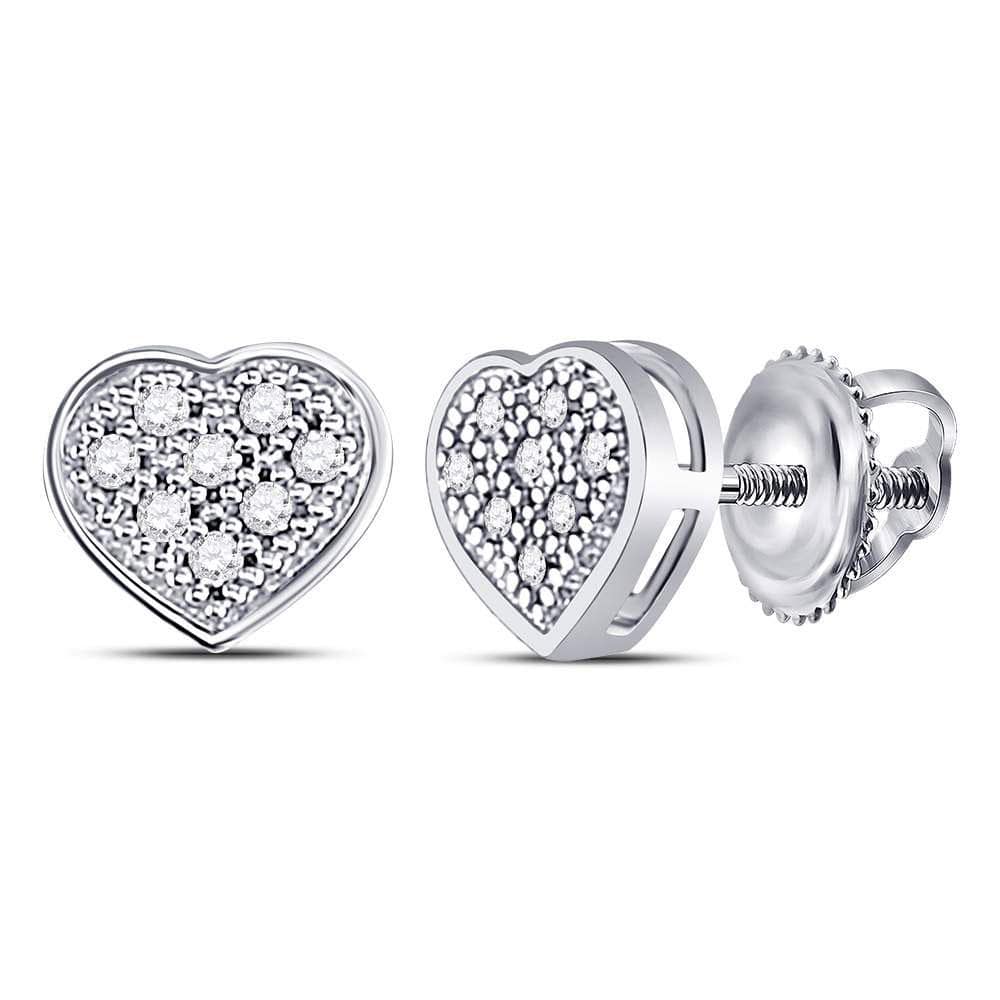 10kt White Gold Womens Round Diamond Heart Cluster Screwback Earrings 1/20 Cttw