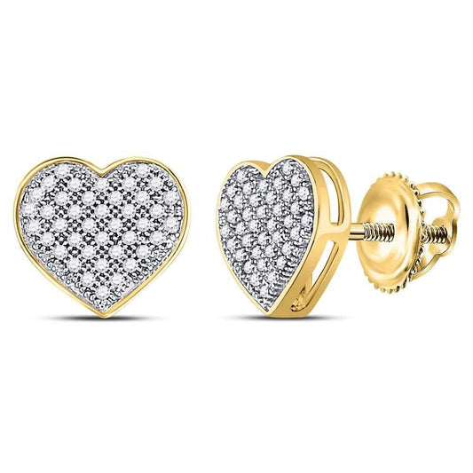 10kt Yellow Gold Womens Round Diamond Heart Cluster Screwback Earrings 1/5 Cttw