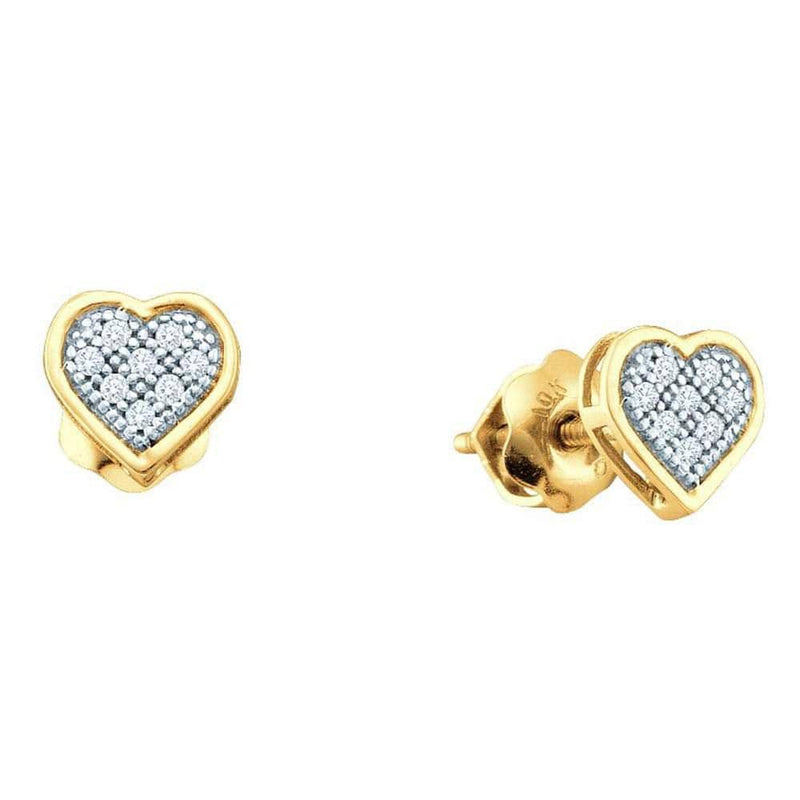 10kt Yellow Gold Womens Round Diamond Dainty Heart Cluster Screwback Earrings 1/20 Cttw