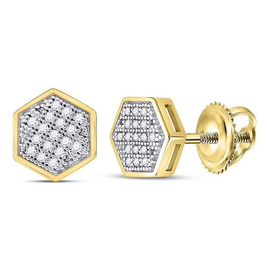 10kt Yellow Gold Mens Round Diamond Hexagon Cluster Stud Earrings 1/10 Cttw