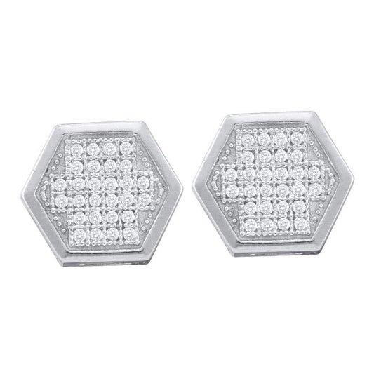 10kt White Gold Womens Round Diamond Hexagon Cluster Earrings 1/5 Cttw