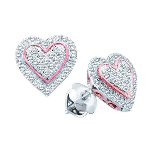10kt White Gold Womens Round Diamond Rose-tone Heart Cluster Screwback Earrings 1/4 Cttw