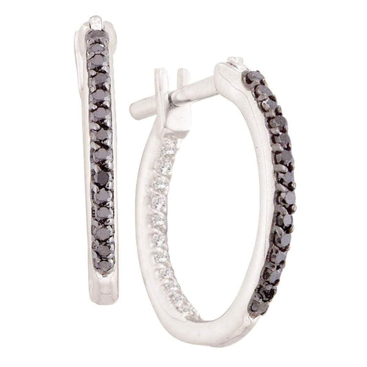 14kt White Gold Womens Round Black Color Enhanced Diamond Inside Outside Hoop Earrings 1/4 Cttw