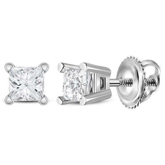 14kt White Gold Unisex Princess Diamond Solitaire Stud Earrings 1/5 Cttw