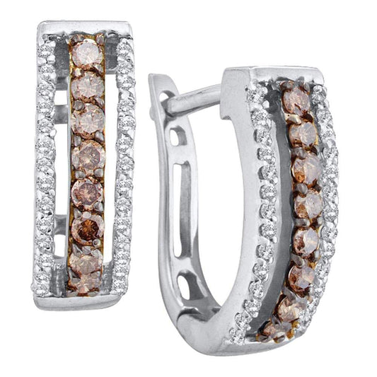 14kt White Gold Womens Round Cognac-brown Color Enhanced Diamond Triple Row Huggie Earrings 1/2 Cttw