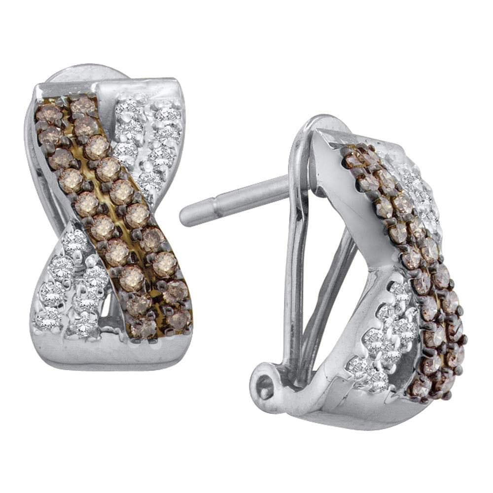 14kt White Gold Womens Round Brown Color Enhanced Diamond Crossover Hoop Earrings 1/2 Cttw