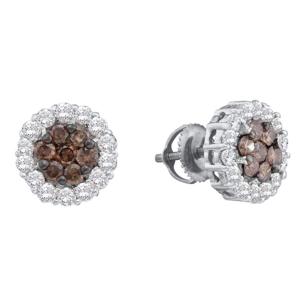 14kt White Gold Womens Round Color Enhanced Brown Diamond Flower Cluster Earrings 1-1/2 Cttw