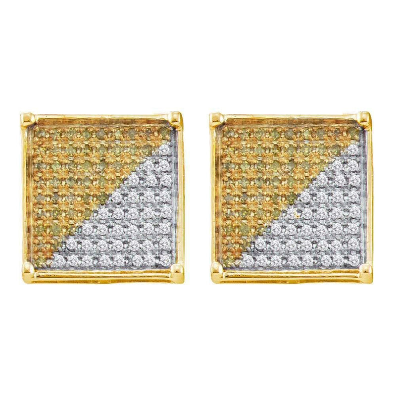 10kt Yellow Gold Mens Round Yellow Color Enhanced Diamond Square Cluster Earrings 1/6 Cttw