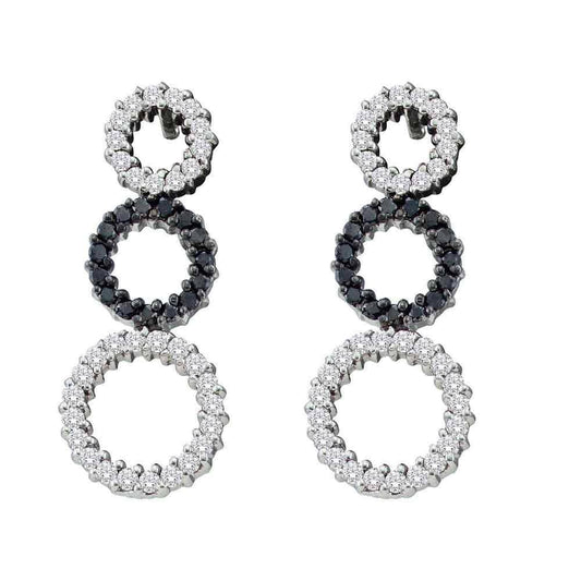 14kt White Gold Womens Round Black Color Enhanced Diamond Triple Circle Earrings 3/4 Cttw