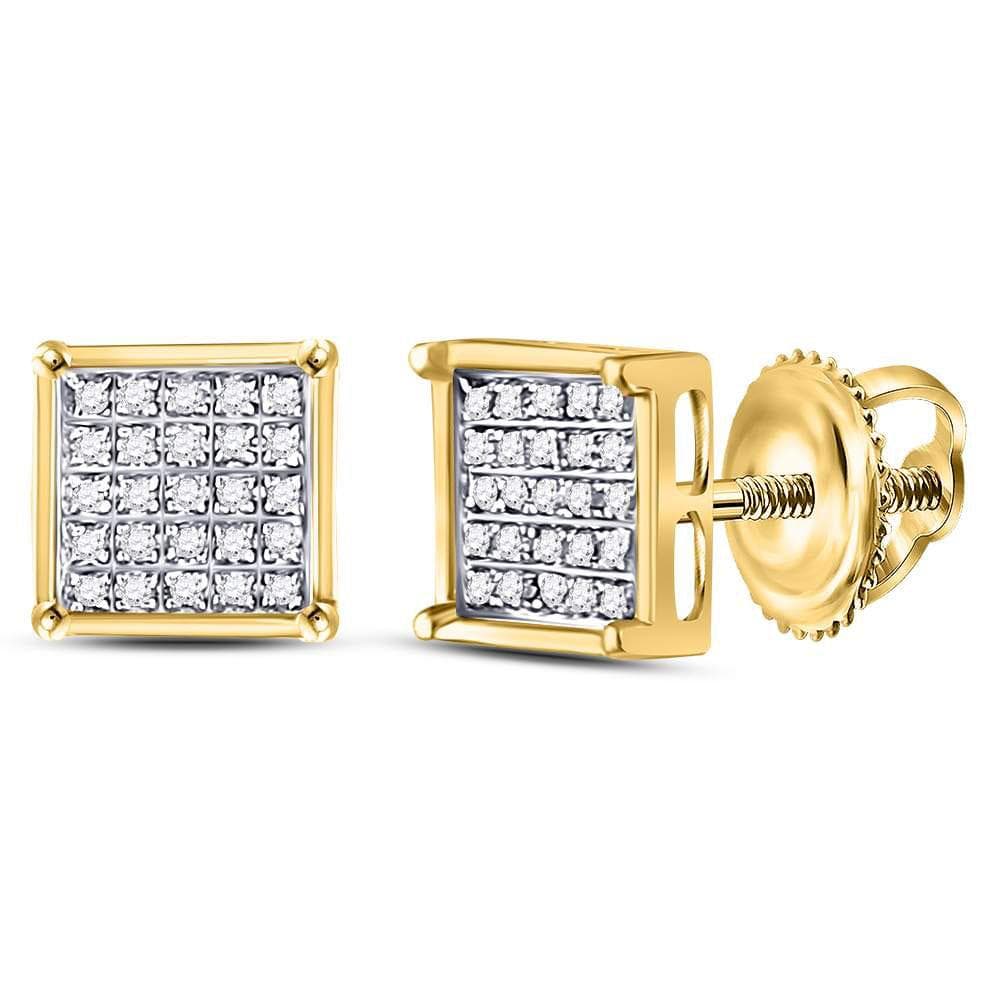 10kt Yellow Gold Unisex Round Diamond Square Cluster Stud Earrings 1/6 Cttw