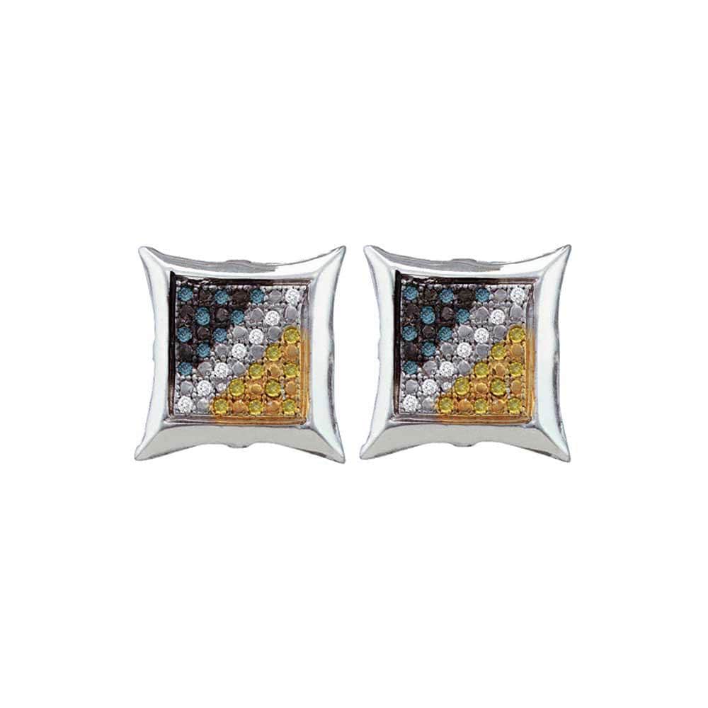 Sterling Silver Mens Round Blue Yellow Color Enhanced Diamond Square Cluster Earrings 1/6 Cttw