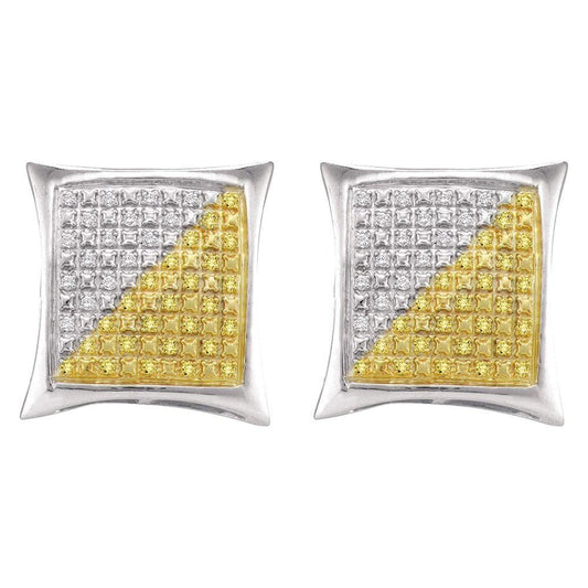 Sterling Silver Mens Round Yellow Color Enhanced Diamond Square Kite Earrings 1/4 Cttw