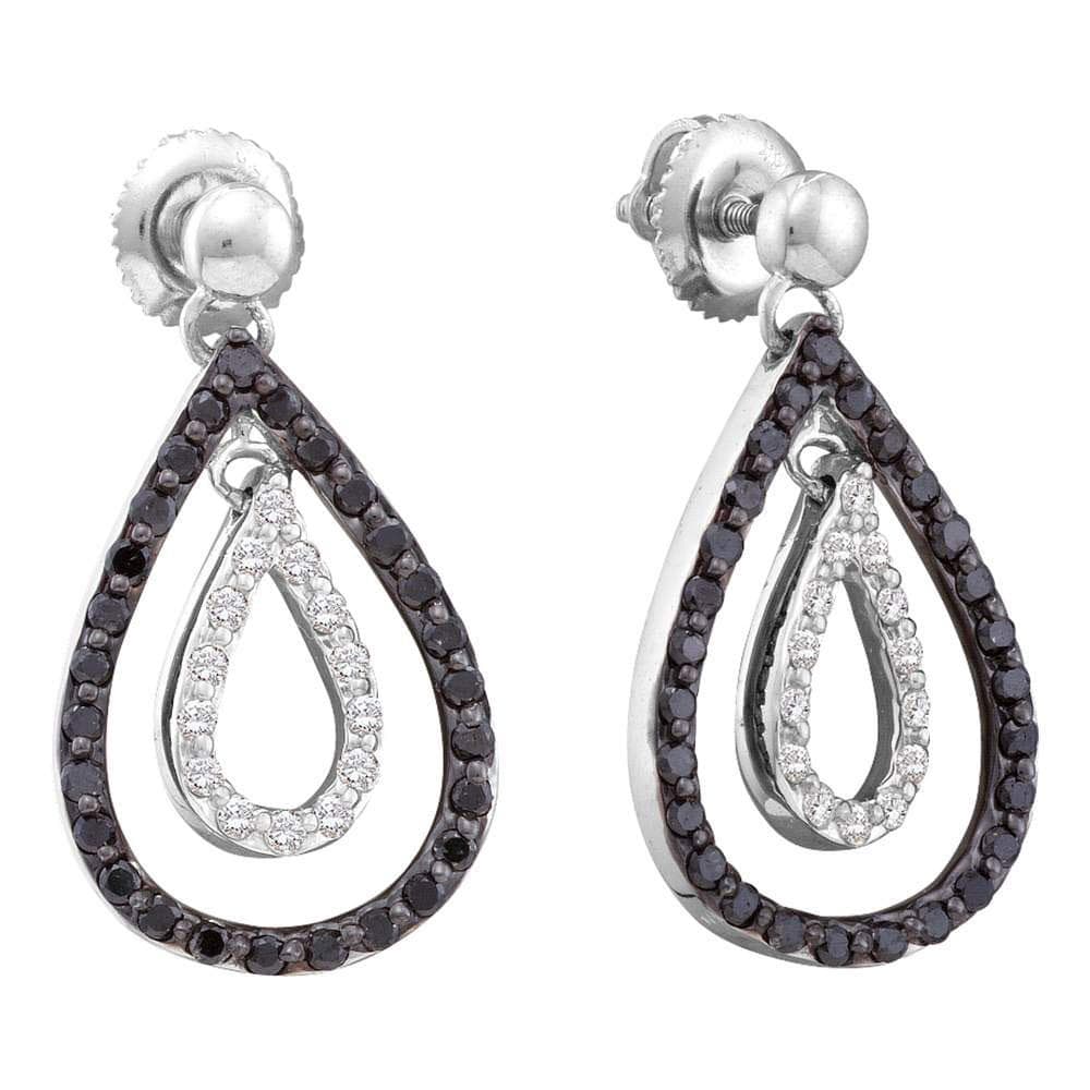 14kt White Gold Womens Round Black Color Enhanced Diamond Double Teardrop Dangle Earrings 7/8 Cttw