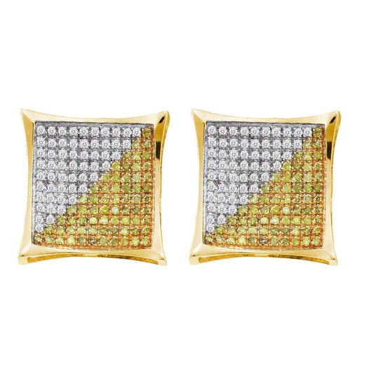 10kt Yellow Gold Mens Round Yellow Color Enhanced Diamond Square Kite Cluster Screwback Earrings 1/2 Cttw