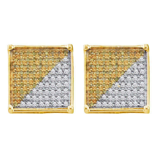 10kt Yellow Gold Mens Round Yellow Color Enhanced Diamond Square Stud Earrings 1/4 Cttw