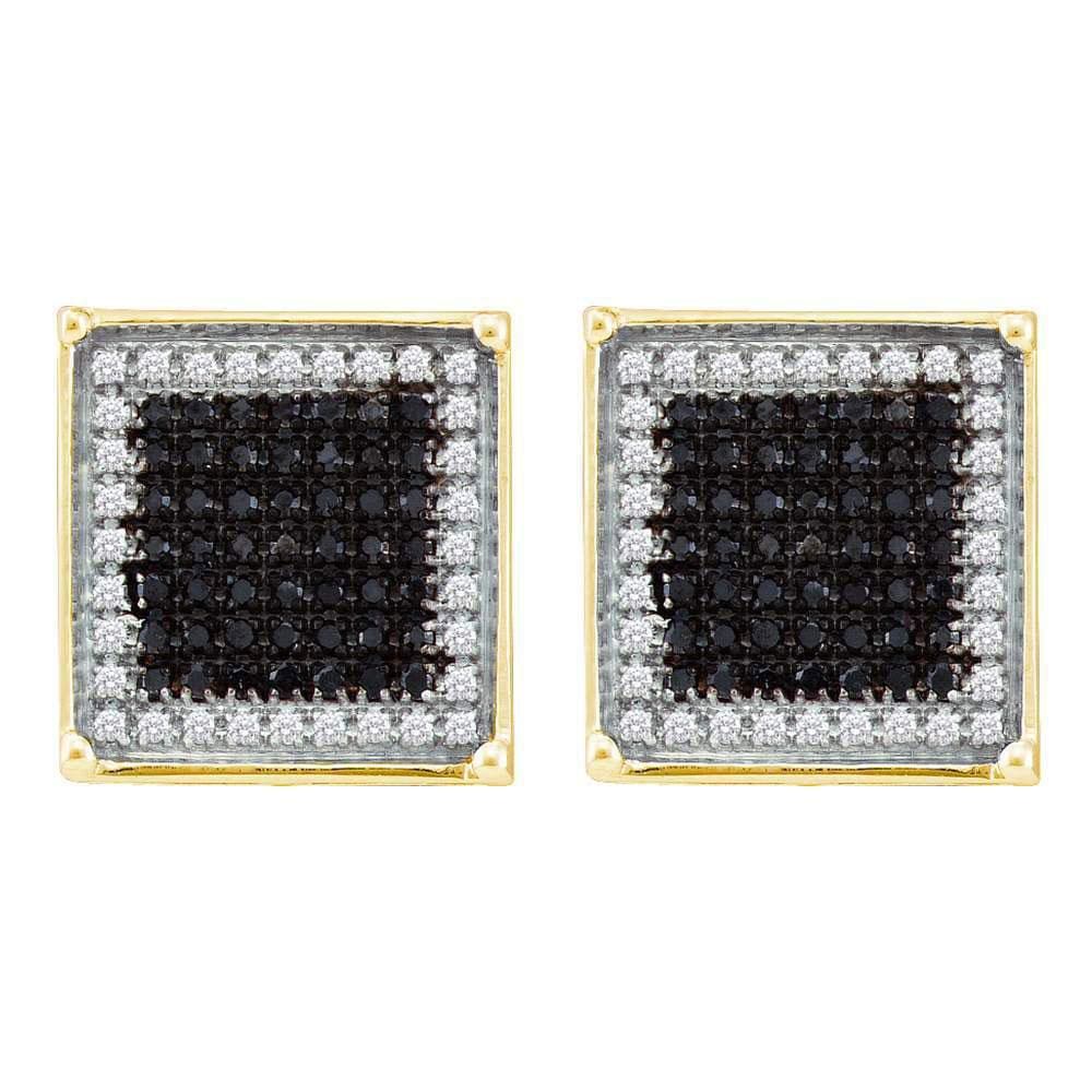 10kt Yellow Gold Mens Round Black Color Enhanced Diamond Square Frame Cluster Earrings 7/8 Cttw