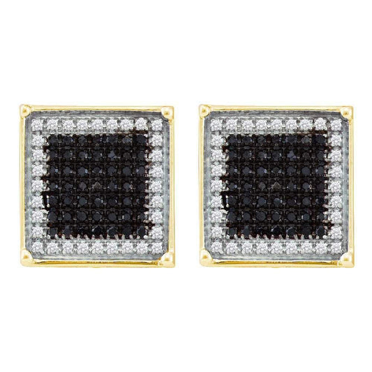 10kt Yellow Gold Mens Round Black Color Enhanced Diamond Square Frame Cluster Earrings 7/8 Cttw