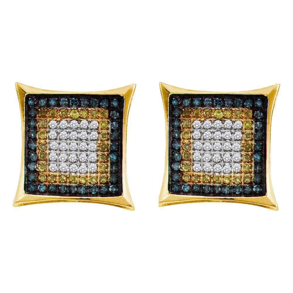 10kt Yellow Gold Mens Yellow Blue Color Enhanced Diamond Square Cluster Earrings 1/3 Cttw