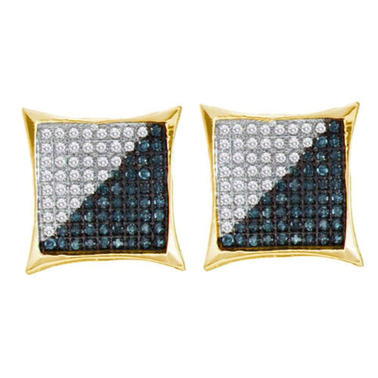 10kt Yellow Gold Mens Round Blue Color Enhanced Diamond Square Kite Cluster Earrings 1/10 Cttw