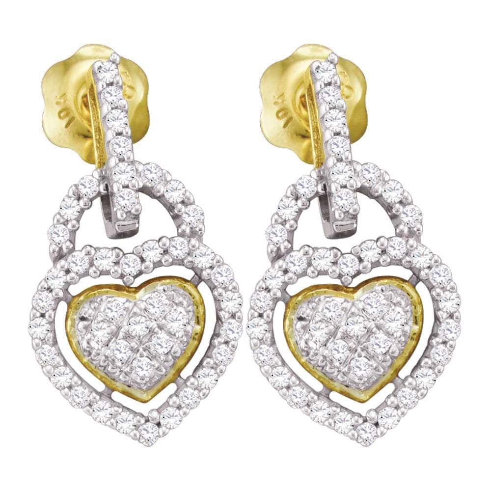 10kt Yellow Gold Womens Round Diamond Heart Frame Cluster Dangle Earrings 1/3 Cttw