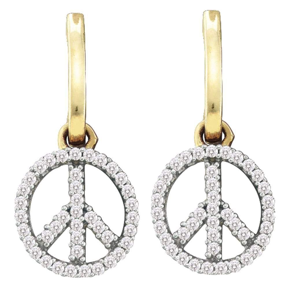 10kt Yellow Gold Womens Round Diamond Small Peace Sign Dangle Earrings 1/4 Cttw