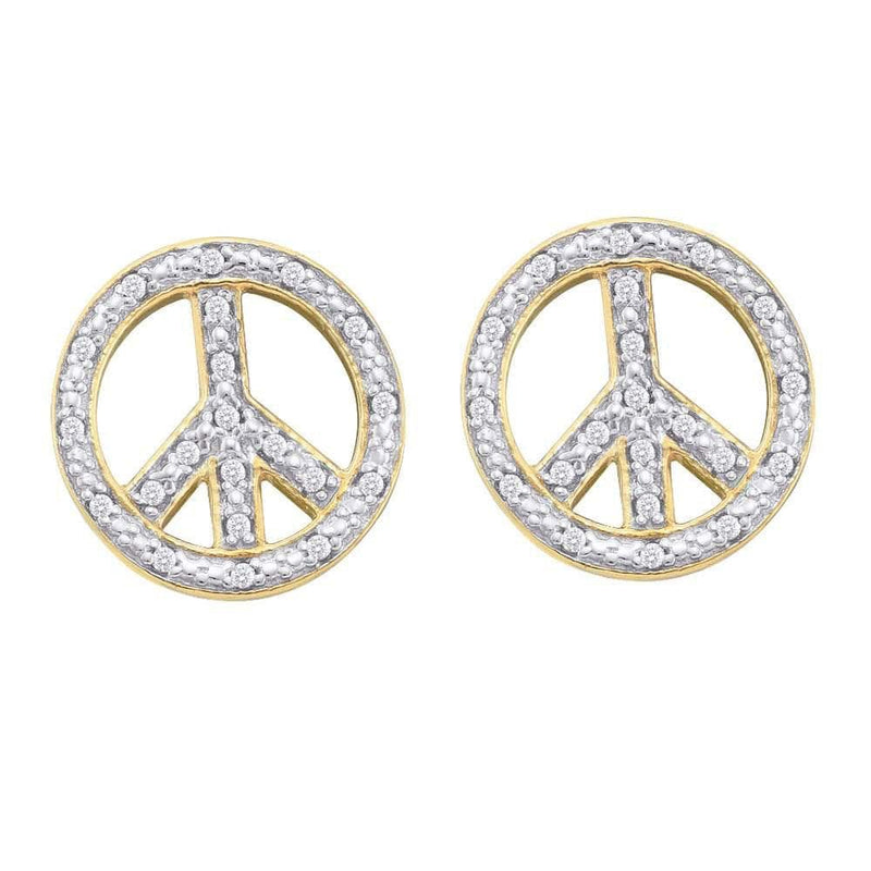 10kt Yellow Gold Womens Round Diamond Peace Sign Circle Screwback Stud Earrings 1/6 Cttw