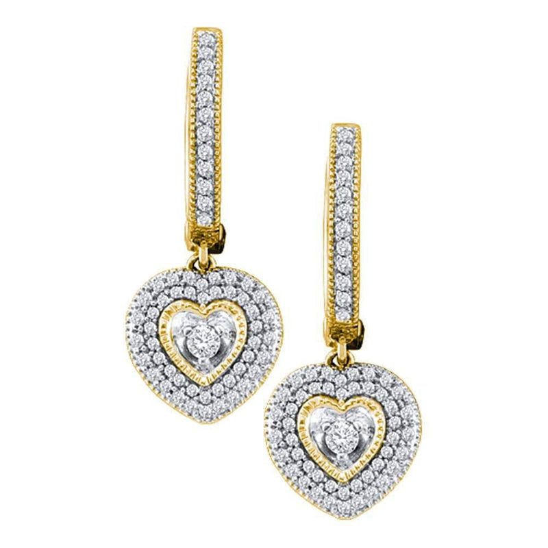 10kt Yellow Gold Womens Round Diamond Heart Dangle Earrings 3/4 Cttw