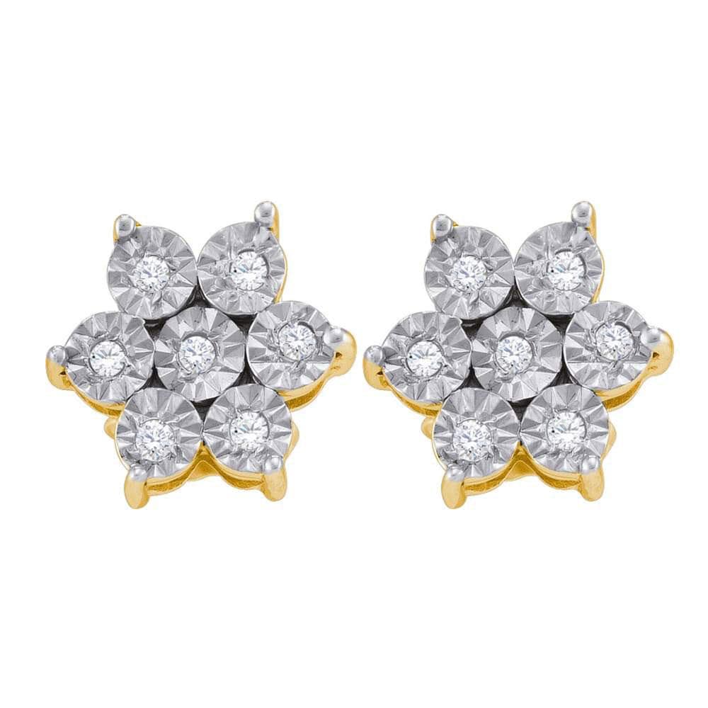 Yellow-tone Sterling Silver Womens Round Diamond Illusion Flower Cluster Earrings 1/8 Cttw