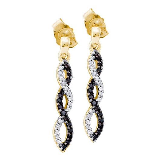 10kt Yellow Gold Womens Round Black Color Enhanced Diamond Infinity Dangle Screwback Earrings 1/6 Cttw