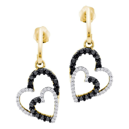 10kt Yellow Gold Womens Round Black Color Enhanced Diamond Double Heart Dangle Screwback Earrings 1/2 Cttw