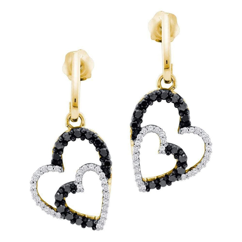 10kt Yellow Gold Womens Round Black Color Enhanced Diamond Double Heart Dangle Screwback Earrings 1/2 Cttw