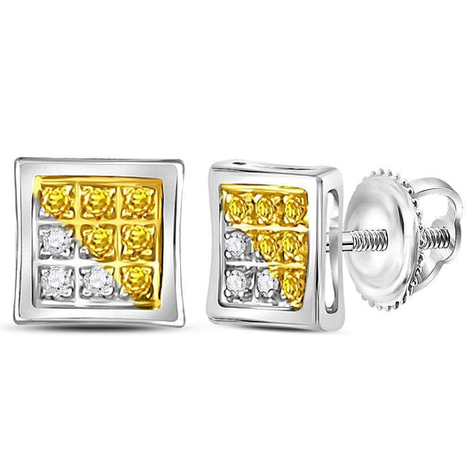 Sterling Silver Mens Round Yellow Color Enhanced Diamond Cluster Earrings 1/20 Cttw