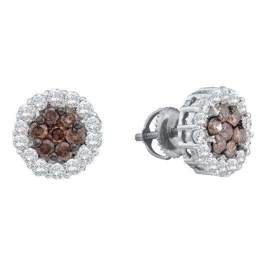 14kt White Gold Womens Round Cognac-brown Color Enhanced Diamond Flower Cluster Screwback Earrings 3/4 Cttw